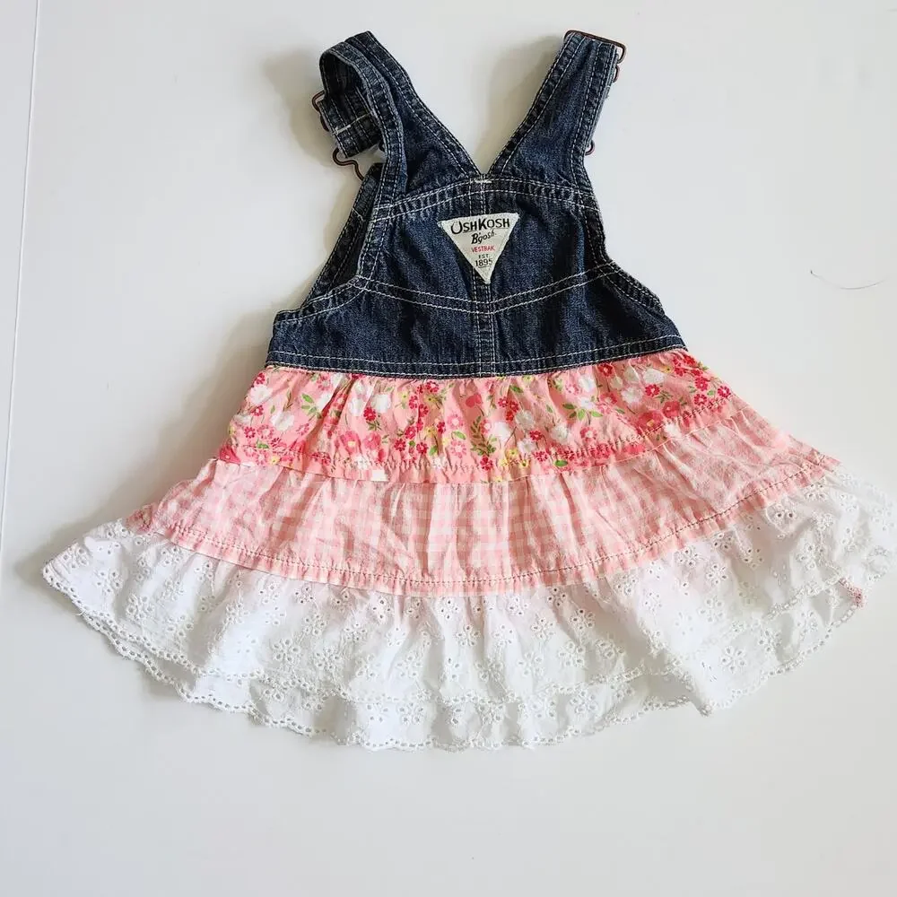 OshKosh B'Gosh Girl s Pink Floral Gingham Eyelet Skirted Overalls Size 12 mos